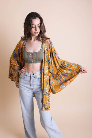 Leto Accessories - Tropical Leaves Draped Sleeve Kimono