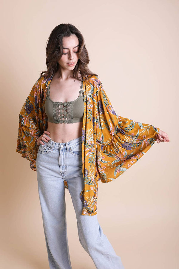 Leto Accessories - Tropical Leaves Draped Sleeve Kimono