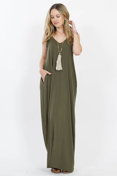 42POPS - ,.. V-NECK CAMI MAXI DRESS /w adjustable strap: L / LT GREY