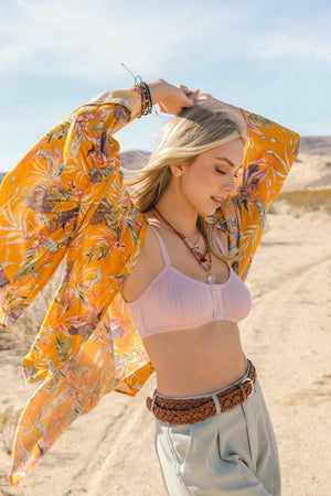 Leto Accessories - Tropical Leaves Draped Sleeve Kimono
