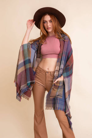 Light Pink Multicolor Plaid Pocket Ruana