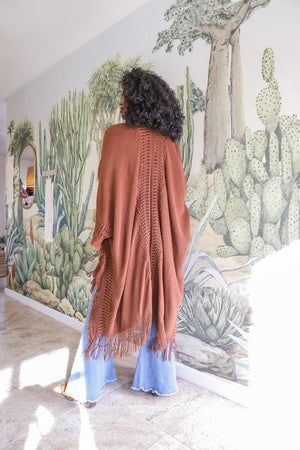 Brown Open Work Frayed Ruana