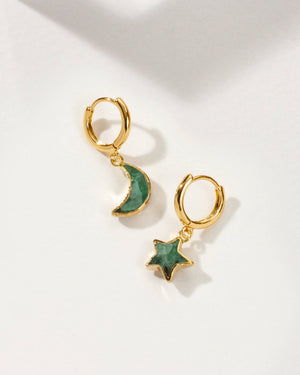 Emerald Sky Gazing Moon & Star Hoop Earrings