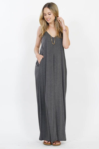 42POPS - ,.. V-NECK CAMI MAXI DRESS /w adjustable strap: L / LT GREY