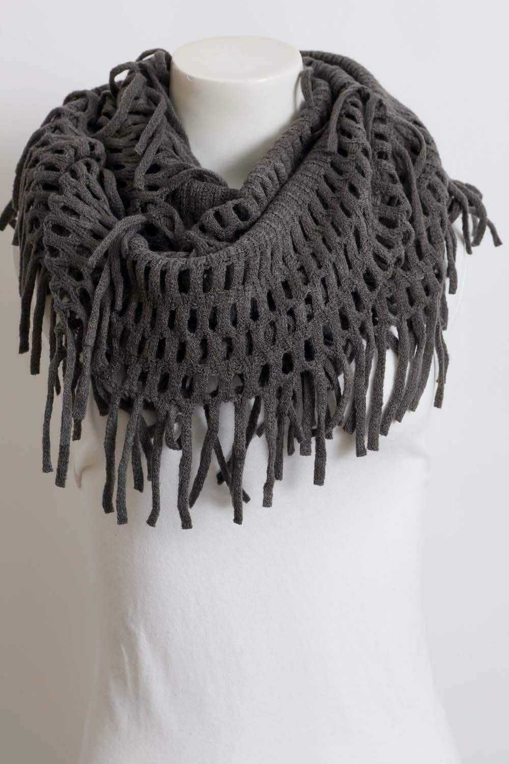 Gray Tassel Fringe Knit Infinity Scarf