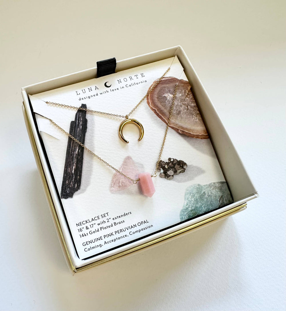 Peruvian Opal + Golden Moon Necklace Set