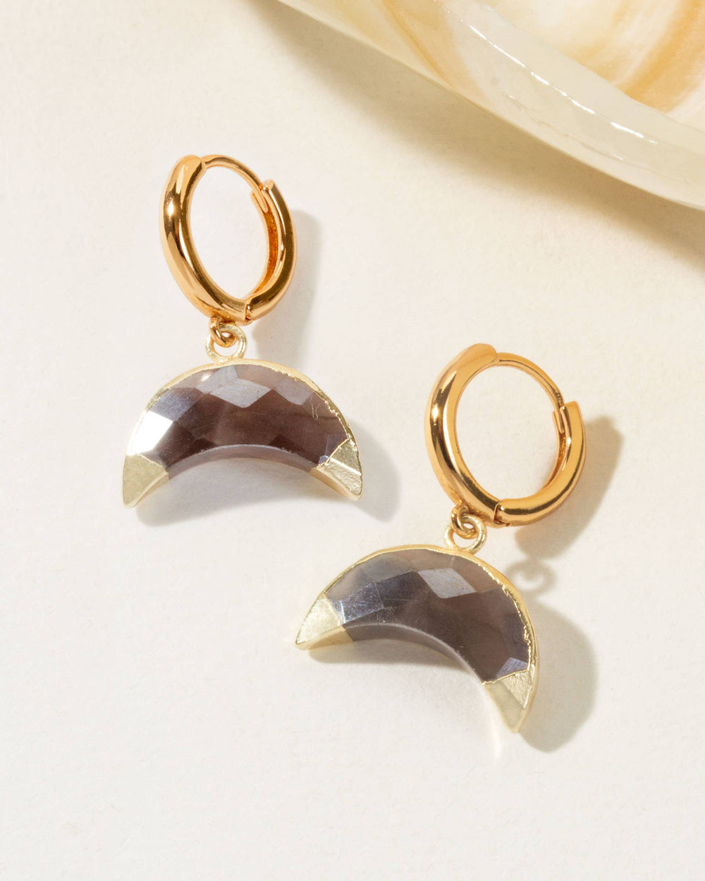 Coffee Moonstone Crescent Huggie Hoop Earrings