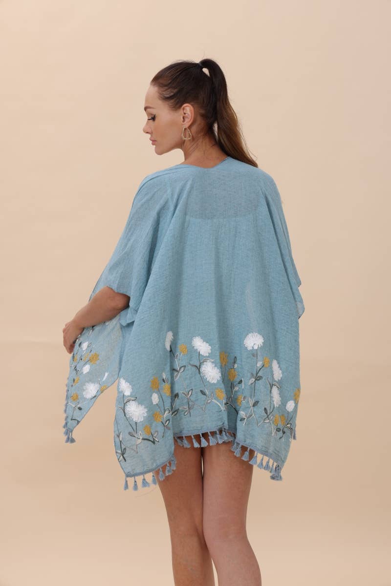 Floral Embroidered Tassel Hem Kimono Cardigan