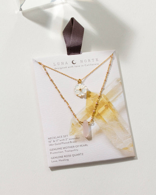 Luna Norte - Blooming Crystal Layered Necklace Set- Rose Quartz