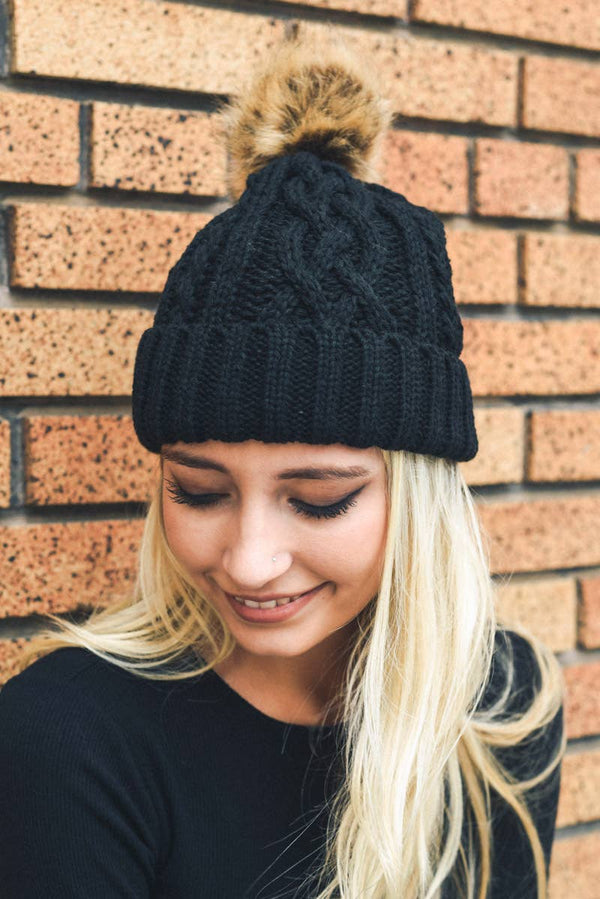 Leto Accessories - Fur Pom Knit Beanie - Ideal for Winter Adventures 🏂: Pine