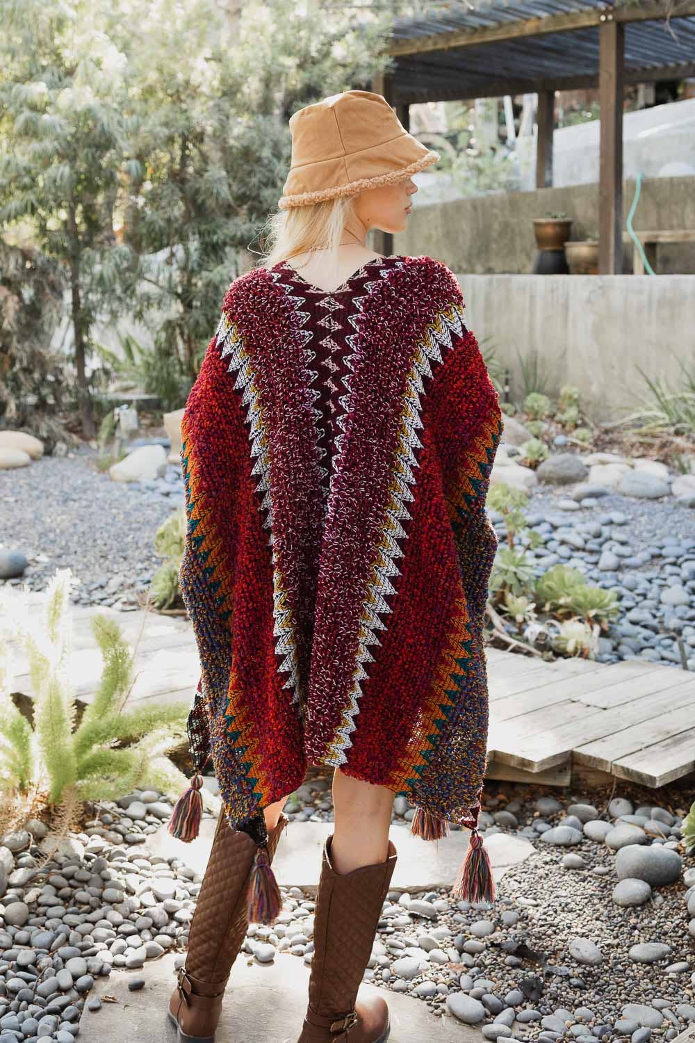 Burgundy Colorful Crochet Ruana