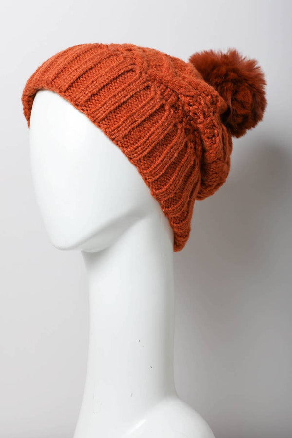 Pink Cable Knit Pom Beanie