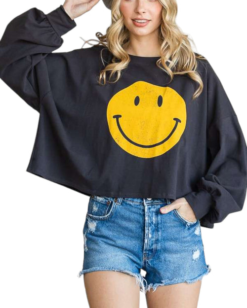 Smiley Face Long Sleeve Cropped Tee - Cement Color