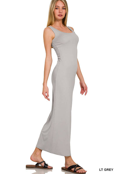 42POPS - SI-23992 SEAMLESS BRUSHED DTY SCOOP NECK MAXI DRESS: ASH GREY-150338 / S