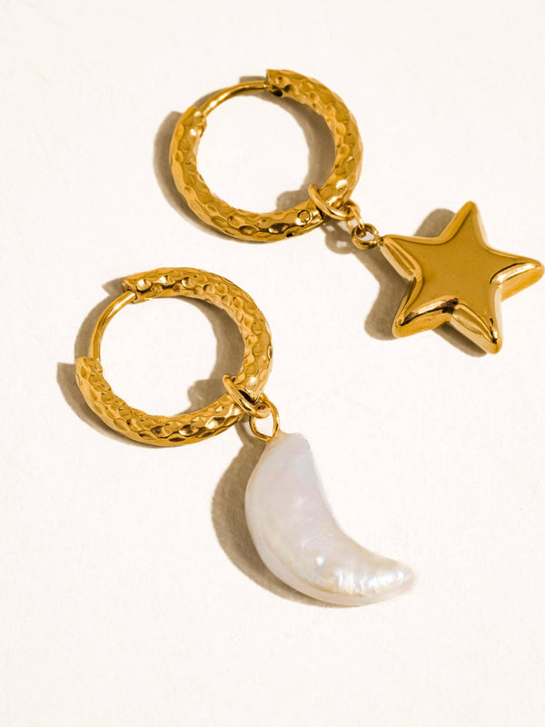 Tillyn Gold Non-Tarnish Mismatch Moon and Star Earring