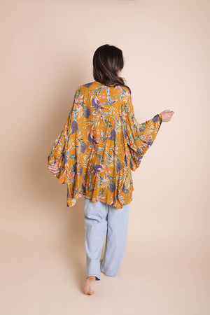 Leto Accessories - Tropical Leaves Draped Sleeve Kimono