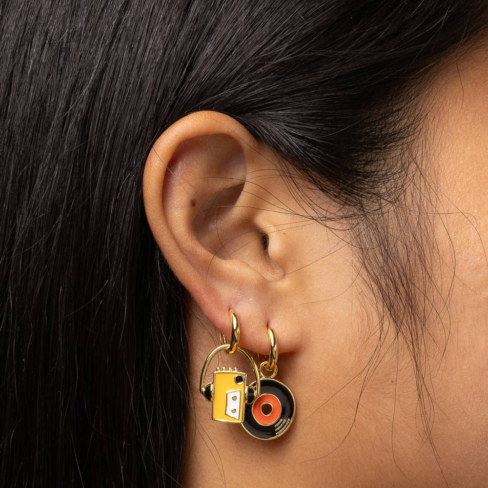 Yellow Owl Workshop - Walkman & Vinyl Record Hoop Earrings | Gold Charm Hoops