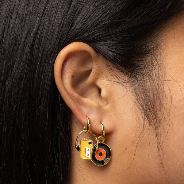 Yellow Owl Workshop - Walkman & Vinyl Record Hoop Earrings | Gold Charm Hoops