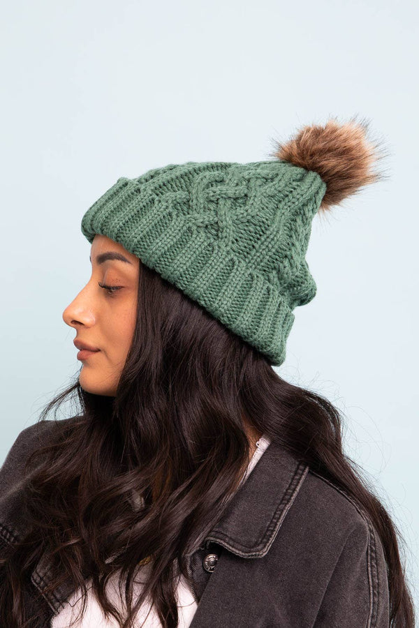 Leto Accessories - Fur Pom Knit Beanie - Ideal for Winter Adventures 🏂: Pine