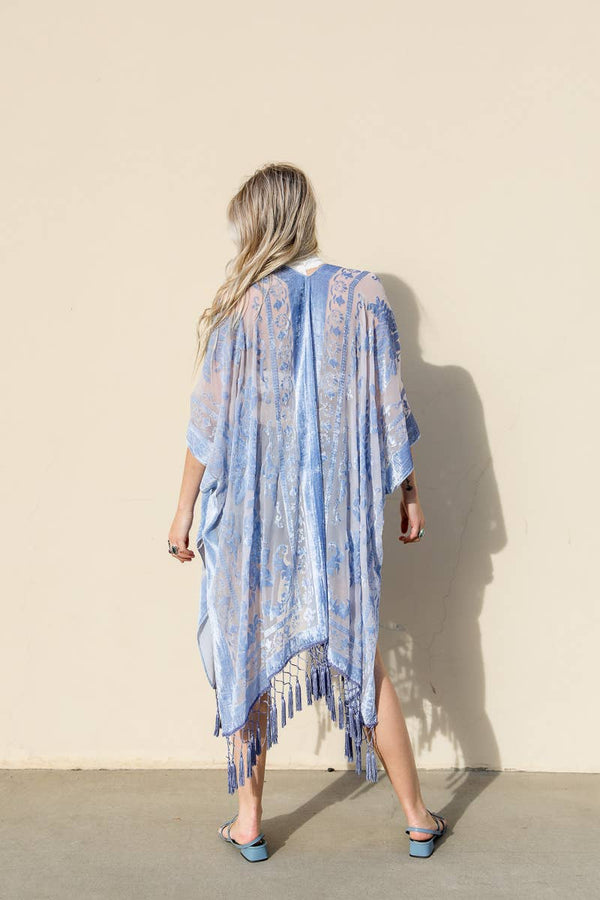 Leto Accessories - Western Velvet Mesh Tapestry Tassel Kimono