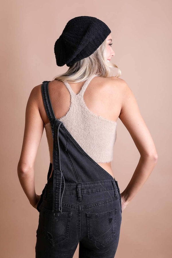 Black Boucle Knit Beret Style Beanie