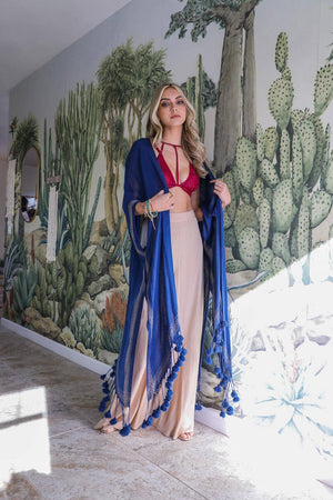Leto Accessories - Boho Chic Longline Tassel Border Kimono – Navy, Black, White