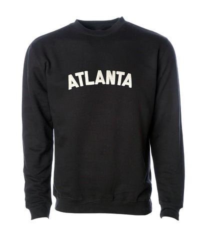 Yeahbuzzy black crewneck ATLANTA sweatshirt with bone color felt lettering that is sewn on.