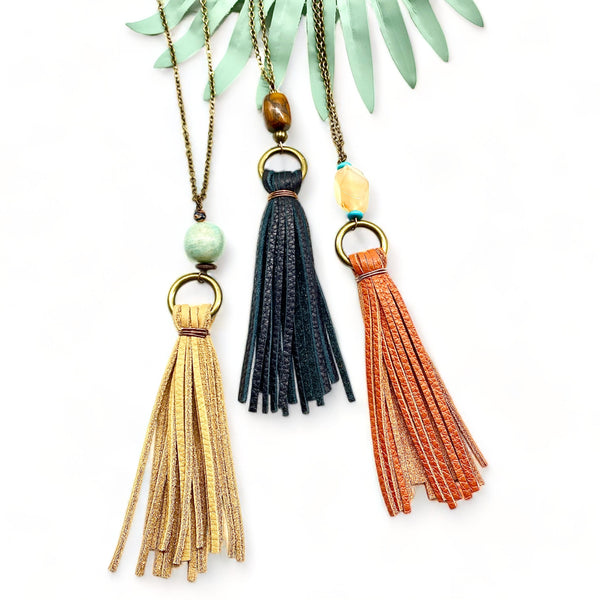 Leather Tassel necklace w/Stone