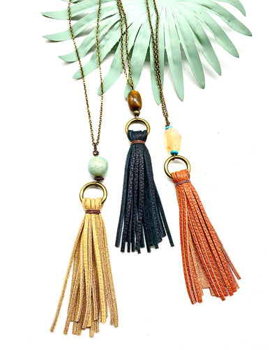 Large Leather Tassel necklace w/Stone