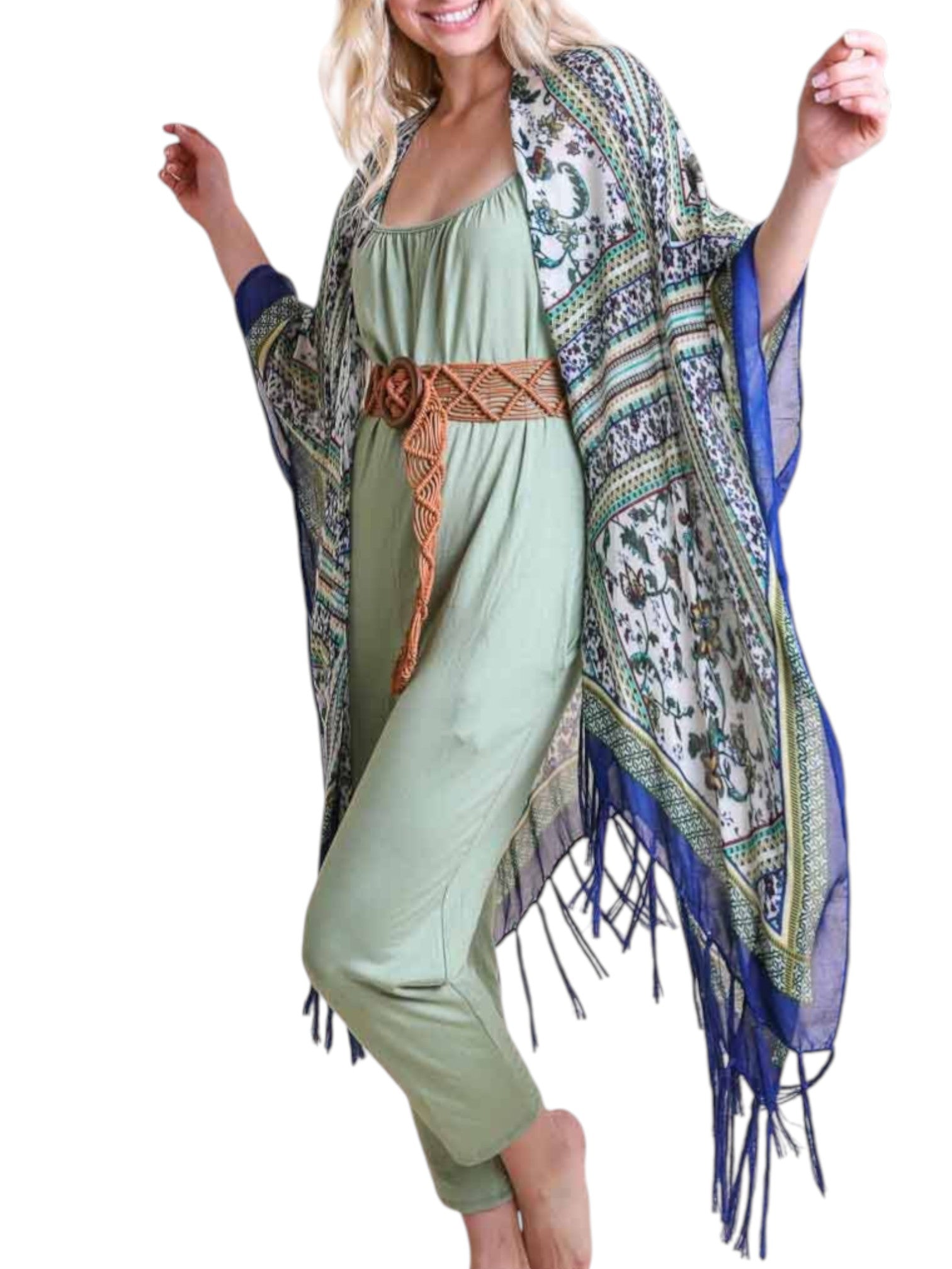Bohemian Diamond Tassel Kimono - Blue