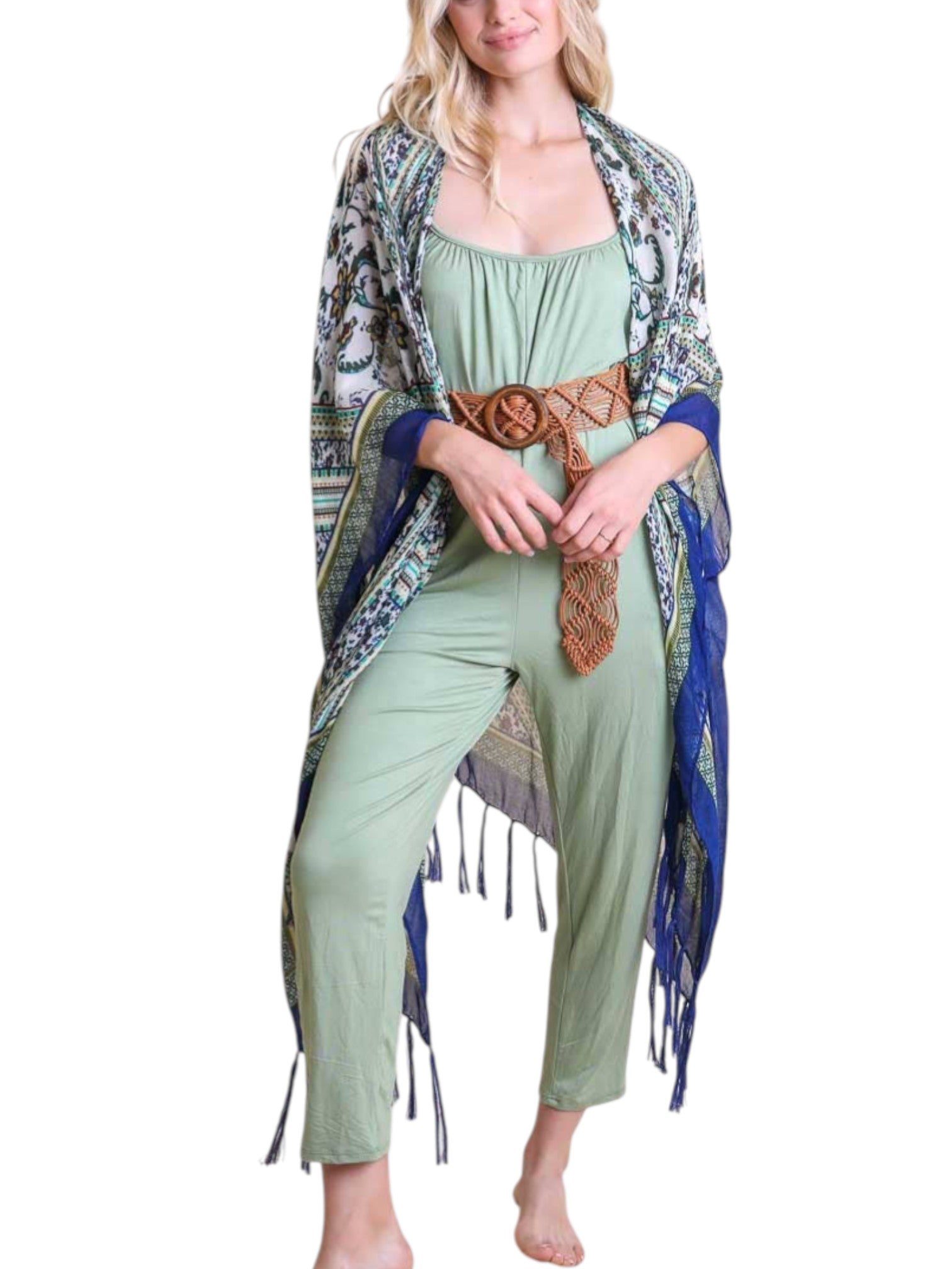 Bohemian Diamond Tassel Kimono - Blue