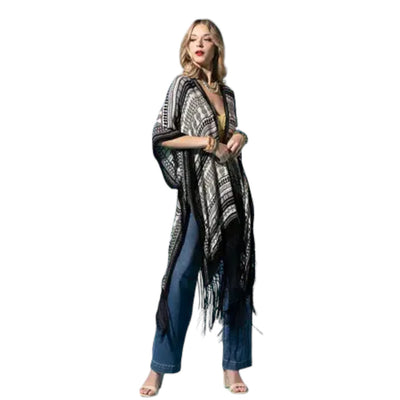 Black Block Print Tassel Kimono