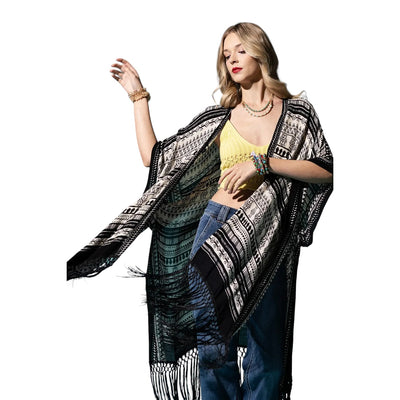 Black Block Print Tassel Kimono