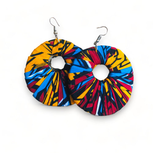 Large Round Ankara Earrings (Multicolor - Orange/Blue/Red/Black)