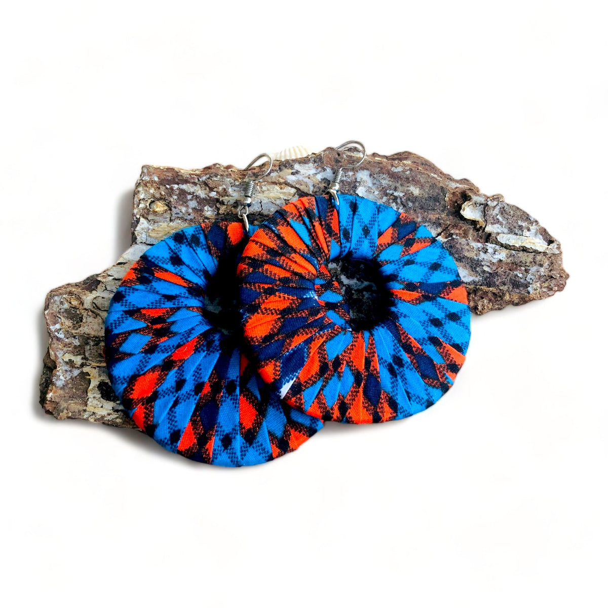 Large Round Ankara Earrings (Multicolor - Bright Blue/Orange)