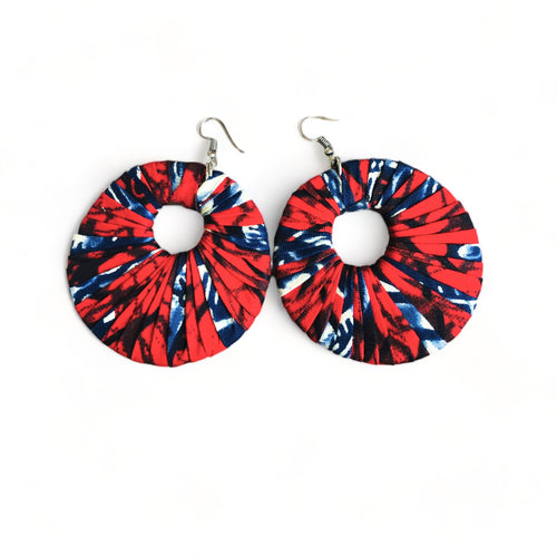 Large Round Ankara Earrings (Multicolor - Red/Navy Blue/Cream)