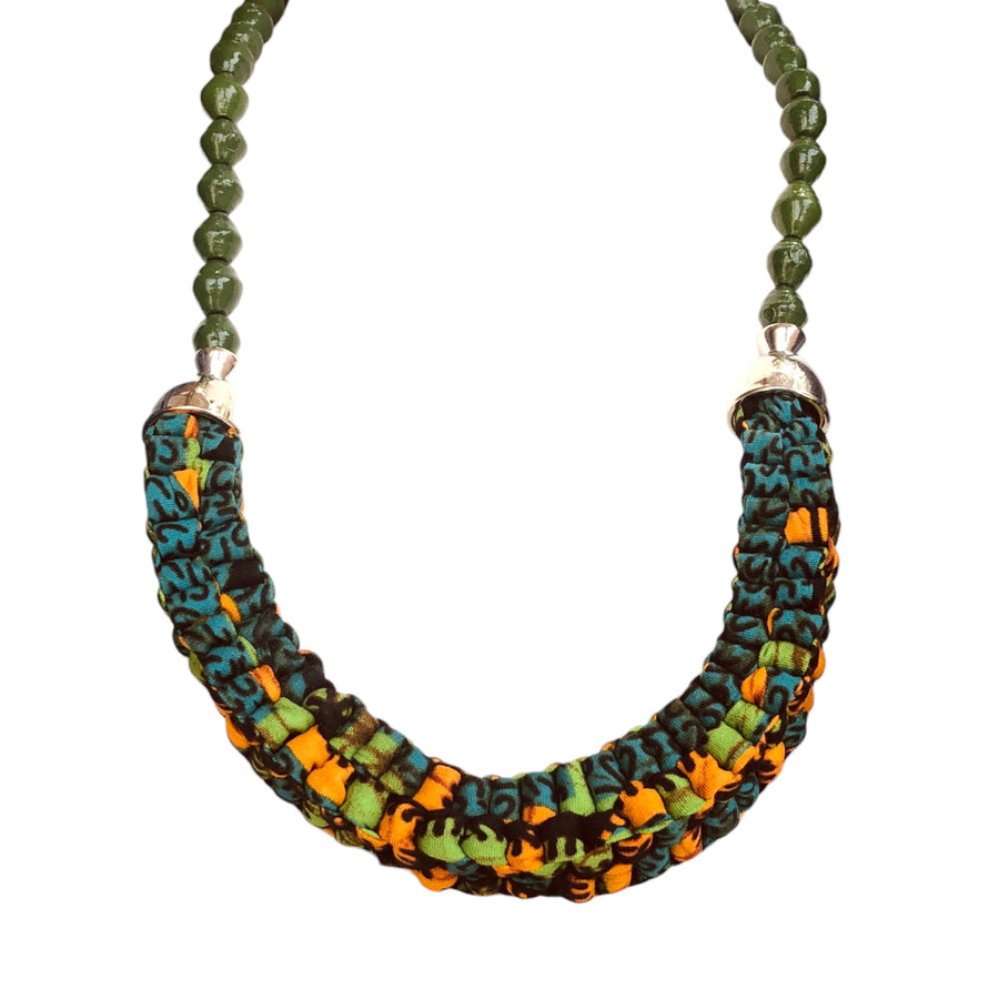 Mara Handmade Braided Necklace in Beads and Ankara Fabric (Available in 8 Colors)