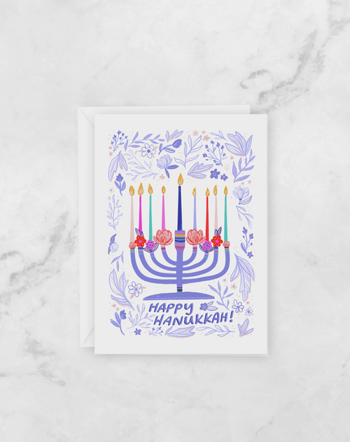 Hanukkah Greeting Card - Happy Hanukkah Floral Menorah - Peach or Plum