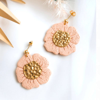 Boho Coral Flower Statement Clay Earrings