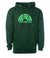 Cotton polyester blend forest green hoodie with screen printed Yeahbuzzy rainbow graphic in a neon mint green