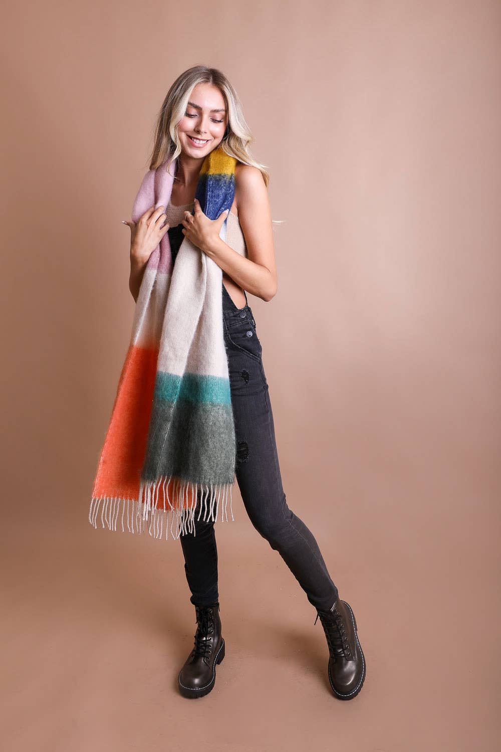 Cozy Color Block Scarf - Green + Orange