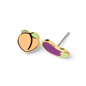 Yellow Owl Workshop - Peach & Eggplant Earrings | Emoji Mismatched Gold Studs