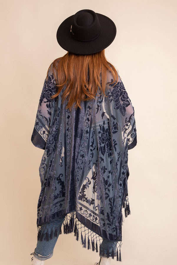 Leto Accessories - Western Velvet Mesh Tapestry Tassel Kimono