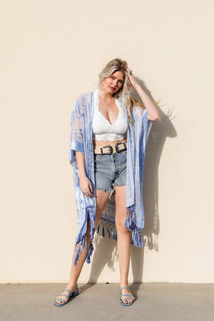 Leto Accessories - Western Velvet Mesh Tapestry Tassel Kimono