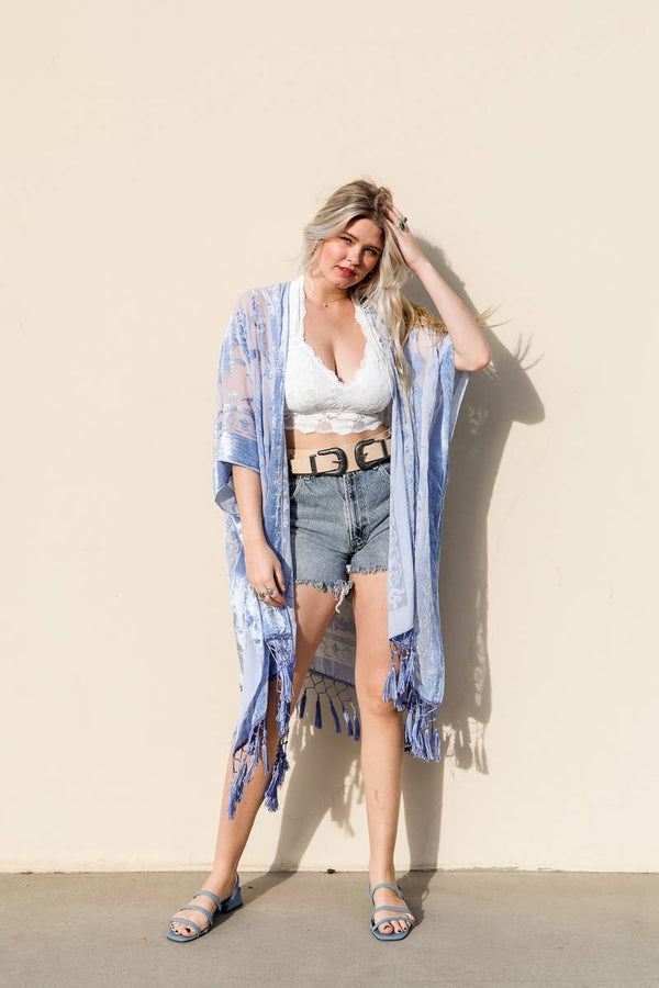Leto Accessories - Western Velvet Mesh Tapestry Tassel Kimono