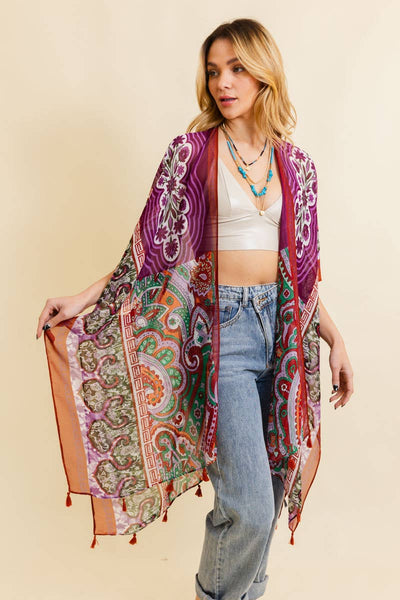 Paisley Print Open Front Kimono w/ Cinched Arms