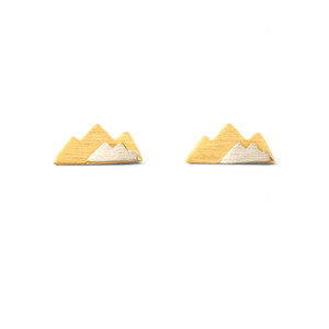 the beehive two-tone gold and silver mountain stud earrings with a layered modern design on a display card