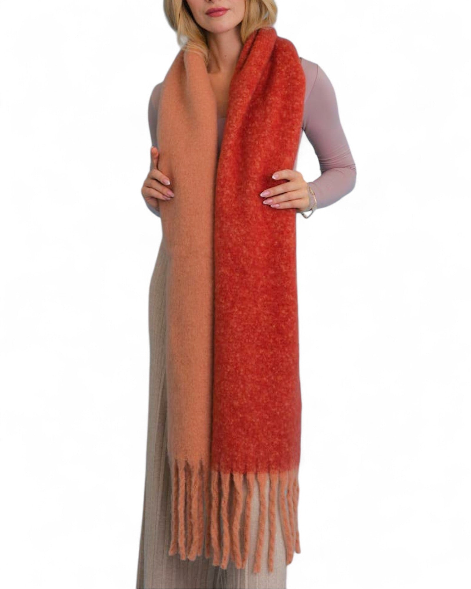 Autumn Hues Cozy Solid Two Tone Tassel Scarf