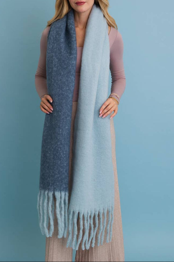 True Blues Cozy Solid Two Tone Tassel Scarf