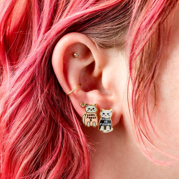 Yellow Owl Workshop - Girl Power Earrings | Cat Lover Mismatched Gold Stud Earring